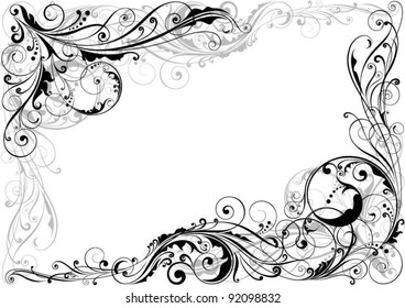 Corner swirl floral design.Detailed floral swirl corner design in black and grey.