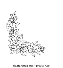 Corner template frame for a festive design from a bouquet of flowers syringa, mock-orange, philadélphus. Vector illustration template for festive poster, postcard, banner, garland, invitation. 