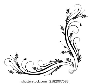 Corner text divider with wave ornament with leaves, flowers and abstract lines. Graceful decorative element for decor and greeting or invitation card design.