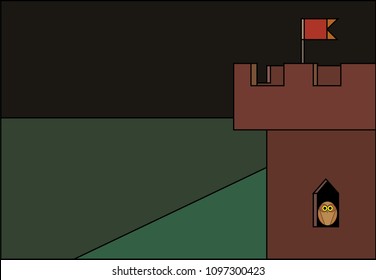 corner tower of the castle with a flag at night, owl in a window, a stained-glass window