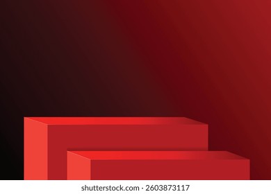 The corner of two red podium with gradient background, Blank red product studio background, stage, podium for presentation vector illustration design for display cosmetic or beauty product, EPS10
