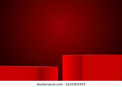 The corner of two red podium with gradient background, Blank red product studio background, stage, podium for presentation vector illustration design for display cosmetic or beauty product. EPS10