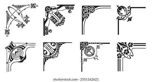 Eckvektorsymbolsatz. Zeichensammlung für Rahmenillustrationen. Vintage-Stil. Einzeln auf weißem Hintergrund. 