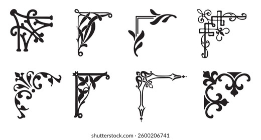 Corner vector icon set. Frame illustration sign collection. Vintage style. Isolated on white background. 