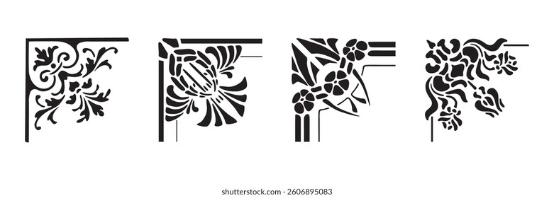 Corner vector icon set. Frame illustration sign collection. Vintage style. Isolated on white background. 