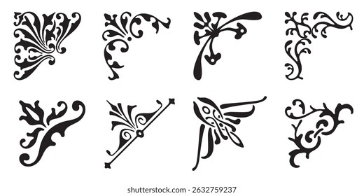 Corner vector icon set. Frame illustration sign collection. Vintage style. Isolated on white background. 