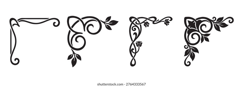 Corner vector icon set. Frame illustration sign collection. Vintage style. Isolated on white background. 