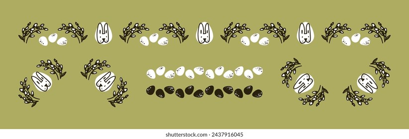 Corner vector icon set. Template borders for decorating designs and illustrations. Cute Easter bunny in cartoon style. Portrait framed by willow branches. Spotted bird eggs