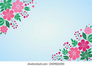 corner vector plant element in primitive style from leaves, flowers and berries in pink and green tones on a blue gradient background