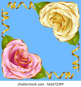 Corner Vignette From The Rose Heart And Swirl Ribbons. Pink And White Flowers With Gold Trim And Golden Streamers. Valentines Day, Wedding Celebration Or Romantic Lovely Design. Vector Illustration