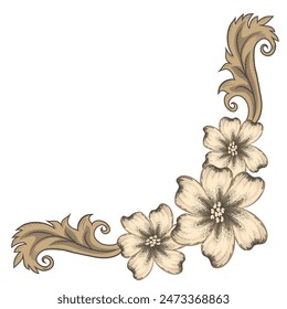 Corner vintage ornament in baroque victorian style with drawn fine lines detailed foliage and flowers.