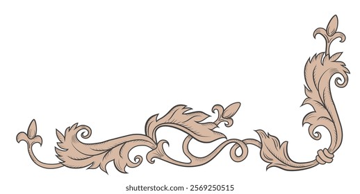 Corner vintage ornament in baroque victorian style with drawn fine lines detailed foliage.