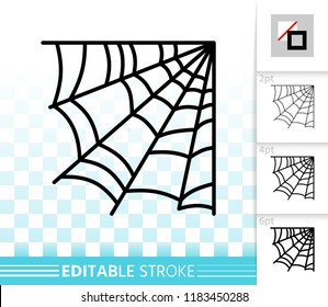 Corner web thin line icon. Cobweb vector linear symbol with different stroke width. Spiderweb outline of halloween. Editable stroke sign without fill. Spiderweb simple graphic pictogram on transparent