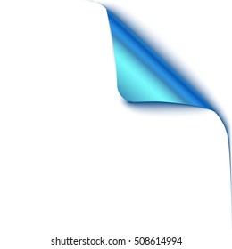 Corner white torn paper with white background and blue curl corner for your design. Realistic vector curved corner for sale and promo advertising, banner, web design