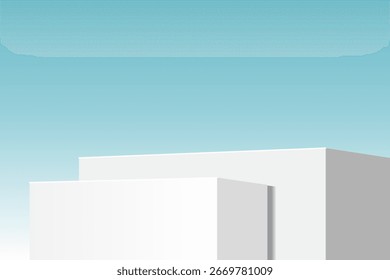 El rincón del podio blanco dos con el cielo azul brillante, fondo blanco en blanco del estudio del producto, escenario, podio para el diseño de la Ilustración vectorial de la presentación para el cosmético de la exhibición o el producto de la belleza