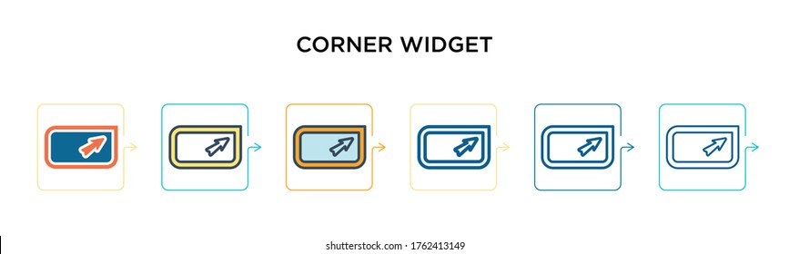 Corner widget vector icon in 6 different modern styles. Black, two colored corner widget icons designed in filled, outline, line and stroke style. Vector illustration can be used for web, mobile, ui