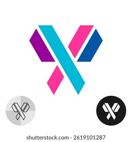 Cornered butterfly tech colorful logo in minimalistic industrial style, made of bright color wide stripes. Letter X symbol.