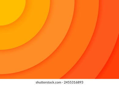 Cornered orange concentric circles banner. Sun, sunlight, sunrise or sunburst background in paper cut style. Sonar wave, radiating, epicenter, radar signal, target wallpaper. Vector illustration.