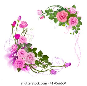 The corners of the border in the form of a bouquet of roses. Flower arrangement of pink roses.
