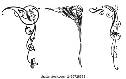 Corners floral vector vintage chrysanthemum rose bluebell decorative design elements tendrils silhouette black vector illustration isolated on white