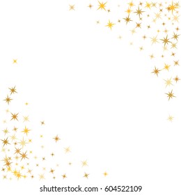 Corners frame, cosmic abstract vector pattern with gold star elements. Glitter confetti, shining sparkles background design on white. Decorative border for greeting card.