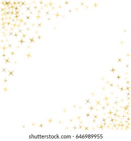 Corners frame, cosmic abstract vector pattern with gold star elements. Glitter confetti, shining sparkles background design on white. Decorative border for greeting card.