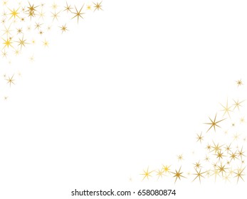 Corners frame, cosmic abstract vector pattern with gold star elements. Glitter confetti, shining sparkles border background design on white. Decoration for greeting card.