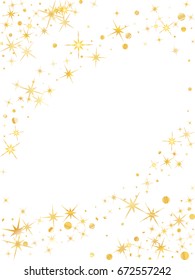 Corners frame, cosmic abstract vector pattern with gold star elements. Glitter confetti, shining sparkles border background design on white. Decoration for greeting card.