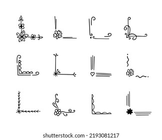 Corners hand-drawn set.Decorative monograms, calligraphic borders.Page design,vintage elements for text decor.Use for invitations,menus,labels,stickers,cards.Doodle style.Isolated.Vector illustration