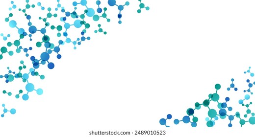 Corners with molecules, data or other tech structure elements. Pharmacy, biotechnology or chemistry design concept. Vector decoration element in green and blue colors