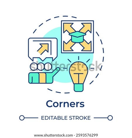 Corners multi color concept icon. Learning methodology, critical thinking. Education, creativity. Round shape line illustration. Abstract idea. Graphic design. Easy to use in infographic