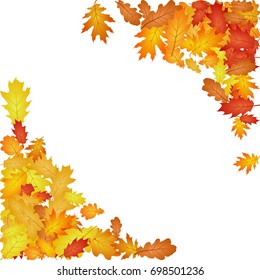 Corners of oak leaf vector square frame or border illustration with on background. Autumn foliage, seasonal image. Red, yellow, orange and brown dry oak tree leaves background corners border pattern.