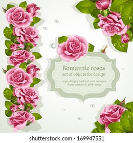 Corners and repeating a garland for design from pink romantic roses