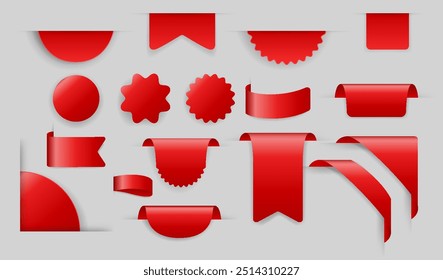 Corners and ribbons icon set. Product red banner, price shopping tags. Promotion sale badges, special offer stickers. Discount and price offer concept. Vector sticker blank templates