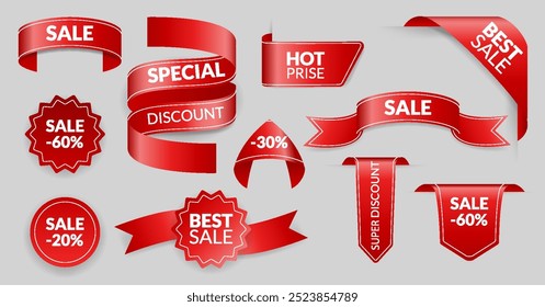 Corners and ribbons icon set. Product red banner, price shopping tags. Promotion sale badges, special offer stickers. Discount and price offer concept. Vector sticker templates