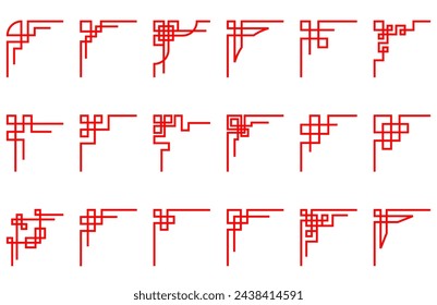 Corners set in asian style, chinese ornaments and frame designs, red japanese elements and patterns, vector