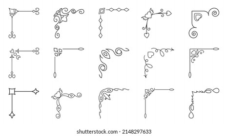 Corners vintage set with decorative curls. Dihedral limiter for text decoration. Abstract decor linear icon collection vintage floral decoration. Simple monogram black contour symbol isolated.