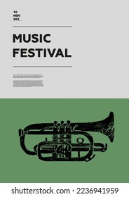 Cornet, cornopea, cornet-a-pistons. Afiche del festival de música. Instrumentos musicales eólicos. Competencia. Un conjunto de ilustraciones vectoriales. Diseño minimalista. Cartel, volante, portada, impresión.