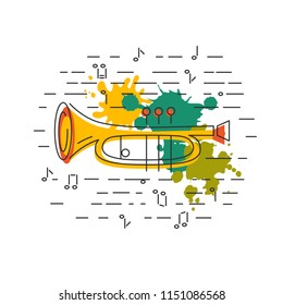 Cornet or horn icon isolated on background with painting splashes. Flat style. Vector illustration