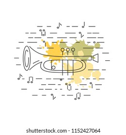 Cornet or horn icon isolated on background with painting splashes. Line style. Vector illustration