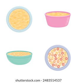 Cornflake icons set cartoon vector. Bowl of breakfast cereal and cornflake. Food concept
