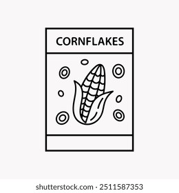 Icono de contorno del paquete de desayuno Cornflakes. Ilustración dibujada a mano del Vector de las escamas del cereal aislada en el fondo blanco.