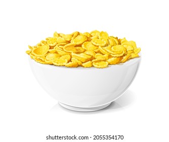 Cornflakes en tazón de cerámica. El maíz seco tradicional tiñe la comida del desayuno, aislado en el fondo blanco. Ilustración vectorial.