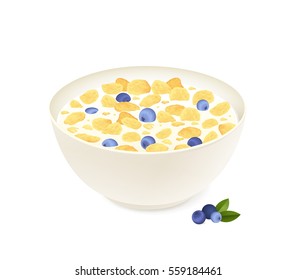 Cornflakes cereal with milk and blueberries isolated on white background.