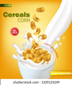 Cornflakes cereals with milk splash Vector realistic mock up. Product placement label design. 3d detailed illustrations