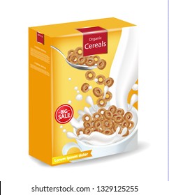 Cornflakes cereals with milk splash Vector realistic mock up. Product placement label design. 3d detailed illustrations