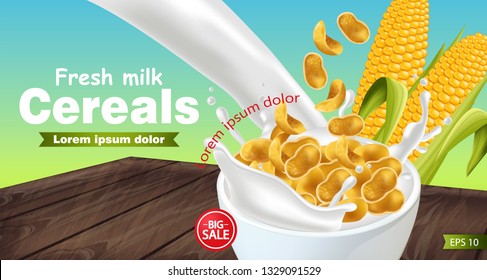 Cornflakes in milk splash Vector realistic mock up. Product placement label design. 3d detailed illustrations