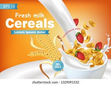Cornflakes in milk splash Vector realistic mock up. Product placement label design. 3d detailed illustrations