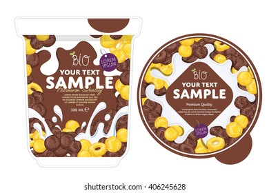 Cornflakes yogurt package design with yogurt splash isolated on white background. Packaging design template of fruit yogurt container. Cornflakes yogurt cup design layout.