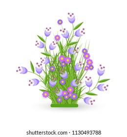 Cornflower and bellflower on green meadow grass leaves bush icon set. Spring summer flower object for retail, sale poster and advertising design. Vector isolated illustration